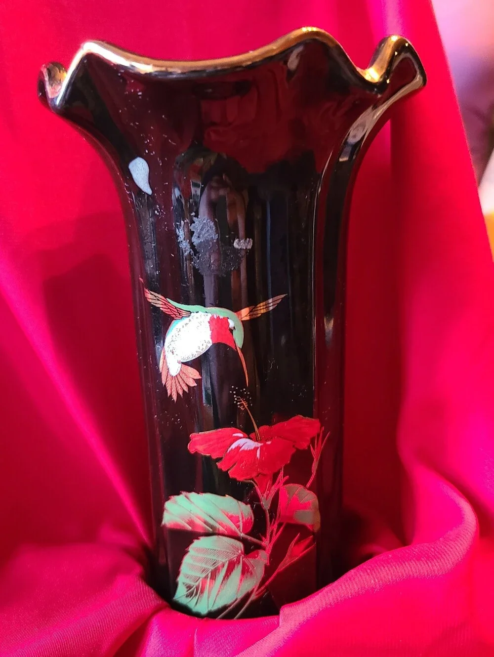 Black Hand-Painted Glass Vase with Floral Accent